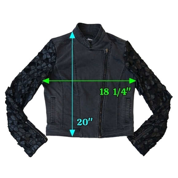 Sam Edelman Black Denim Moto Jacket Contrast Cutout Faux Leather Sleeves Unique - Picture 3 of 12
